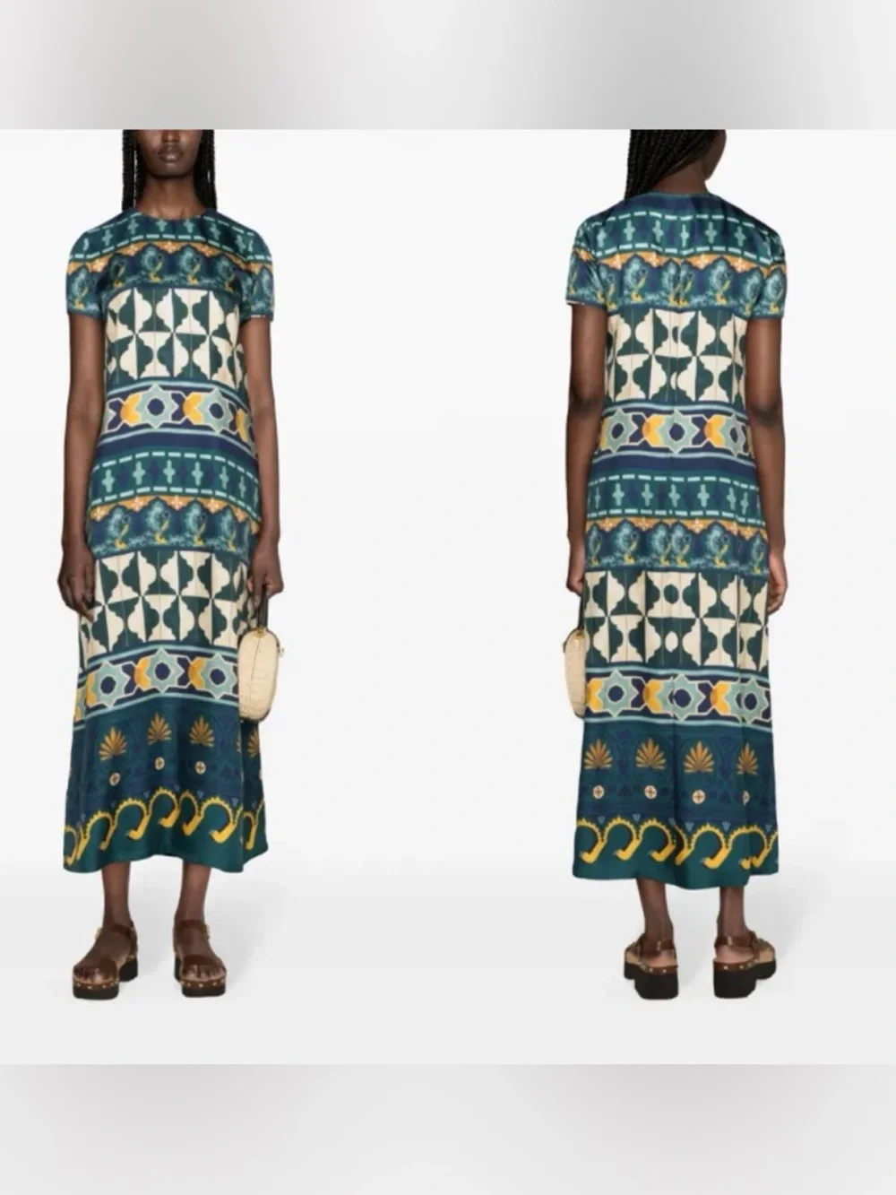 La DoubleJ Geometric Print Silk Swing Dress Small Green - Picture 3 of 11